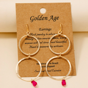 Hot Pink Gem Charm Double Hoop Dangle Earrings